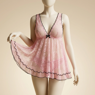 لباس خواب عروسکی زنانه صورتی توری دانتلنما با لبه مشکی مدل Pink Belle Lace